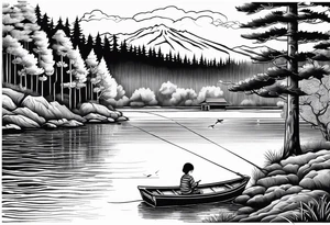 forearm tattoo set on a lake. At the bottom of the tattoo there is a boat dock with a little boy fishing and a little girl reading. There are trees surrounding the lake. It is set in fall tattoo idea