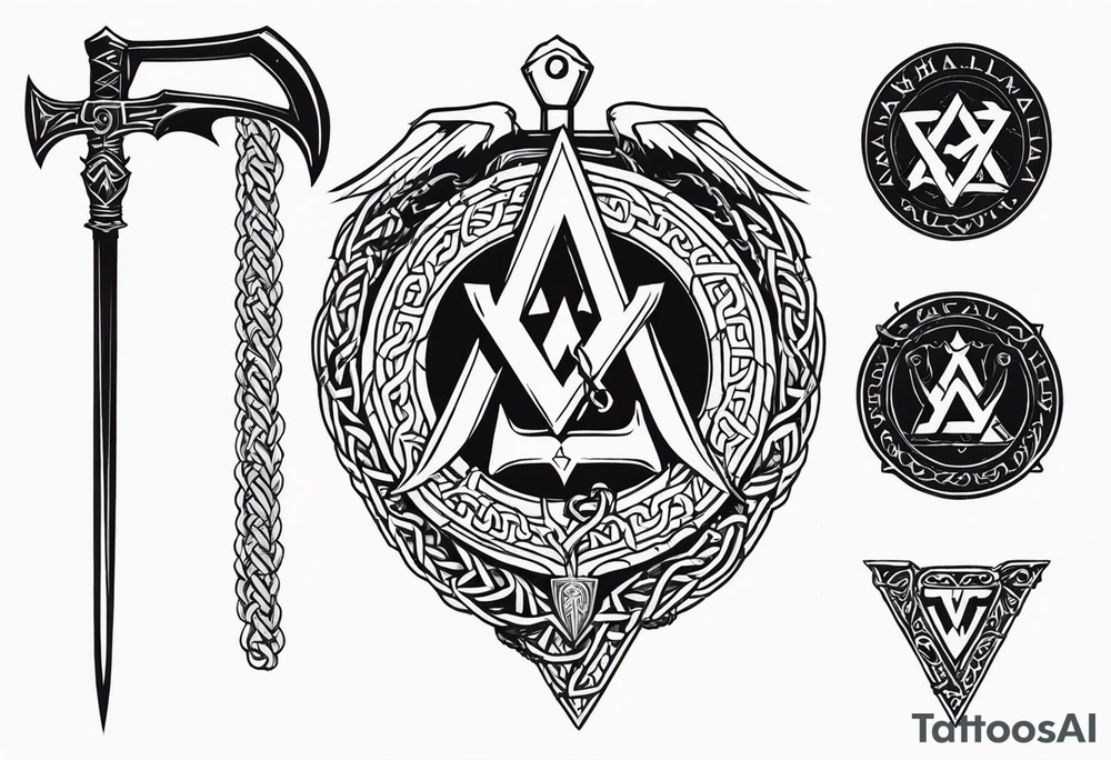 Valhalla sword shield dragon axe Valknut barbed wire chains tattoo idea Valhalla sword shield dragon axe Valknut barbed wire chains tattoo idea