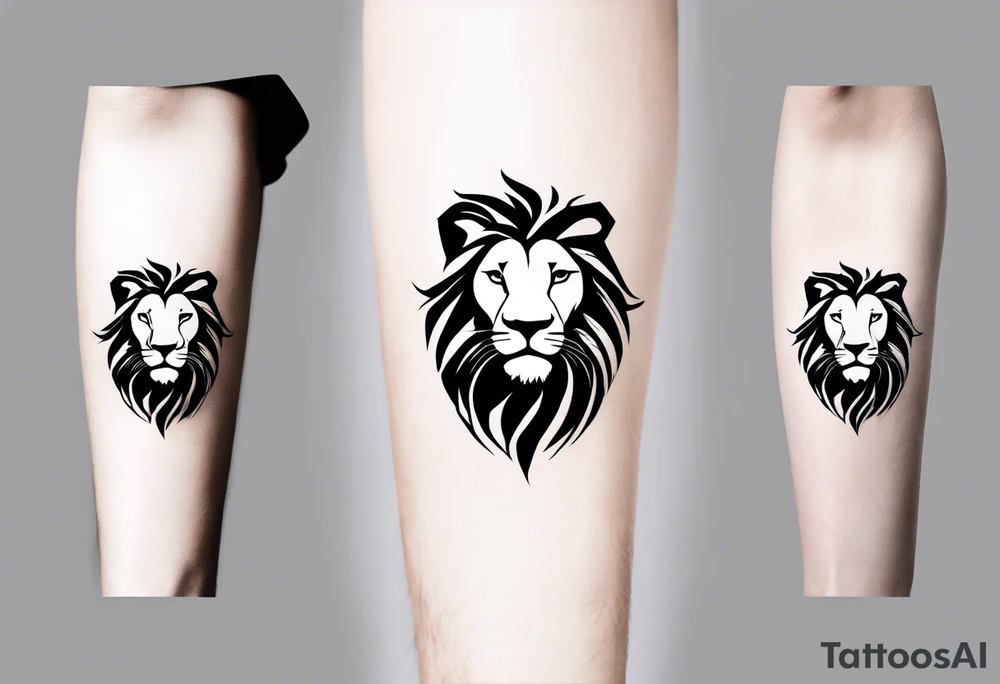 Minimalist black and white tattoo design for the calf featuring a lion, lioness, and lion cub. The lion faces upward towards the sky, looking in the opposite direction of the lioness. The lion cub is positioned below them, looking up. The design has a feminine touch with simple lines and elegant curves, focusing on the emotional connection between the three animals. tattoo idea