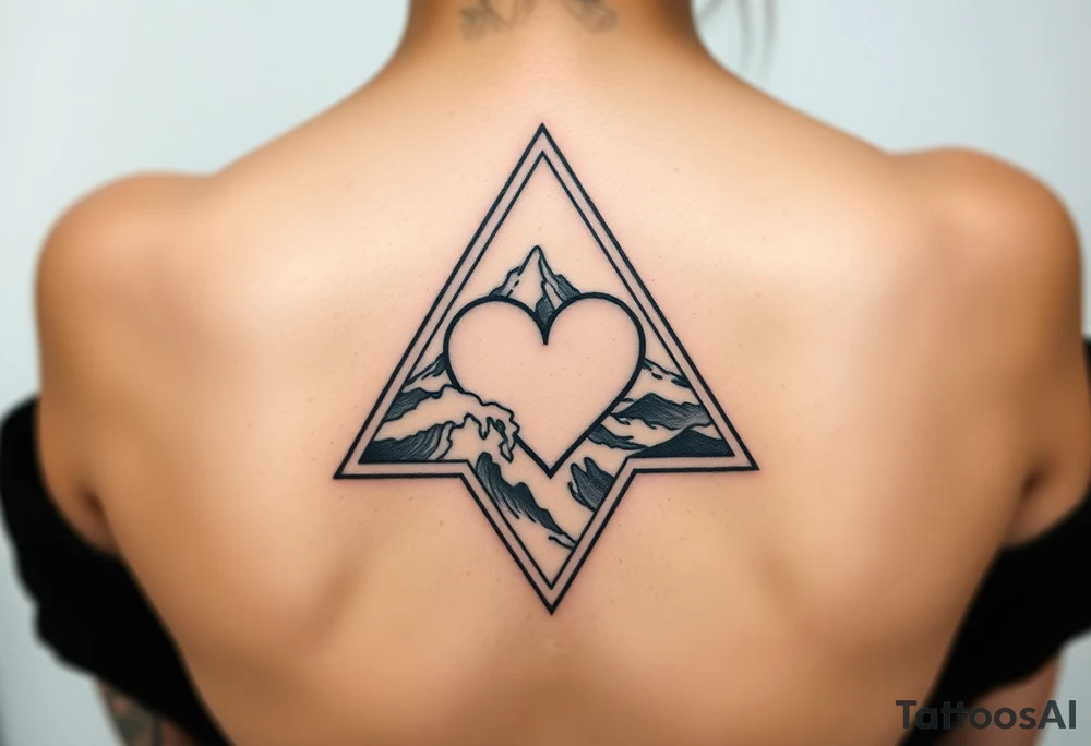 A triangle with a big heart in the center with an ocean mountain theme tattoo idea