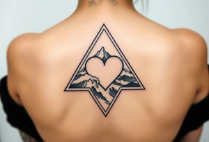 A triangle with a big heart in the center with an ocean mountain theme tattoo idea