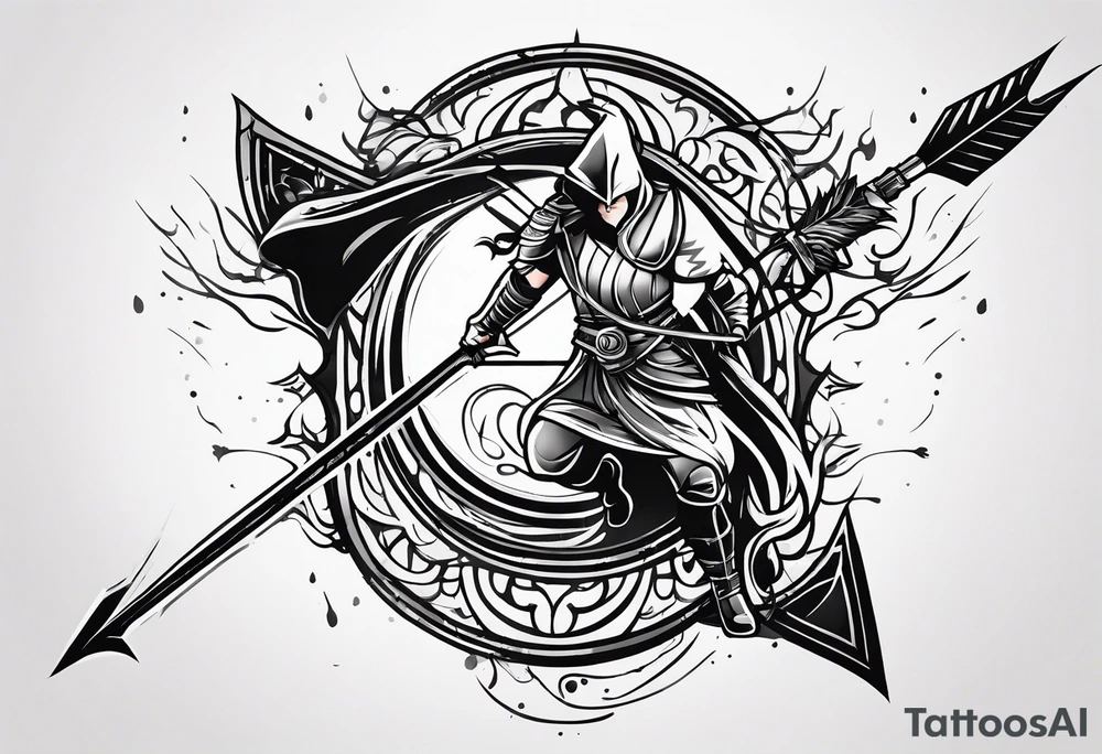 an arrow with only one drip of blood on the tip of it simple line art tattoo idea