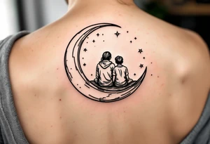 A minimalist black outline of a parent and son sitting on a crescent moon, surrounded by faint yellow stars tattoo idea