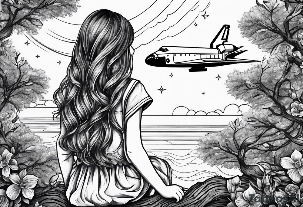 back of small girl in dress with long hair sitting on a tree branch watching a space shuttle launch in the distance tattoo idea