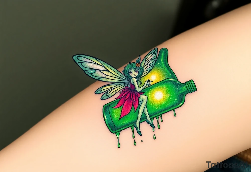 Tim Burton’s green absinthe fairy flitters outside her victorian absinthe bottle it sparkles with magic and dripping with muted reds, dusty pinks, and eerie green glow.purple and cyan smokey clouds swirl in the crescent moonlit sky thats sprinkled with stars tattoo idea tattoo idea