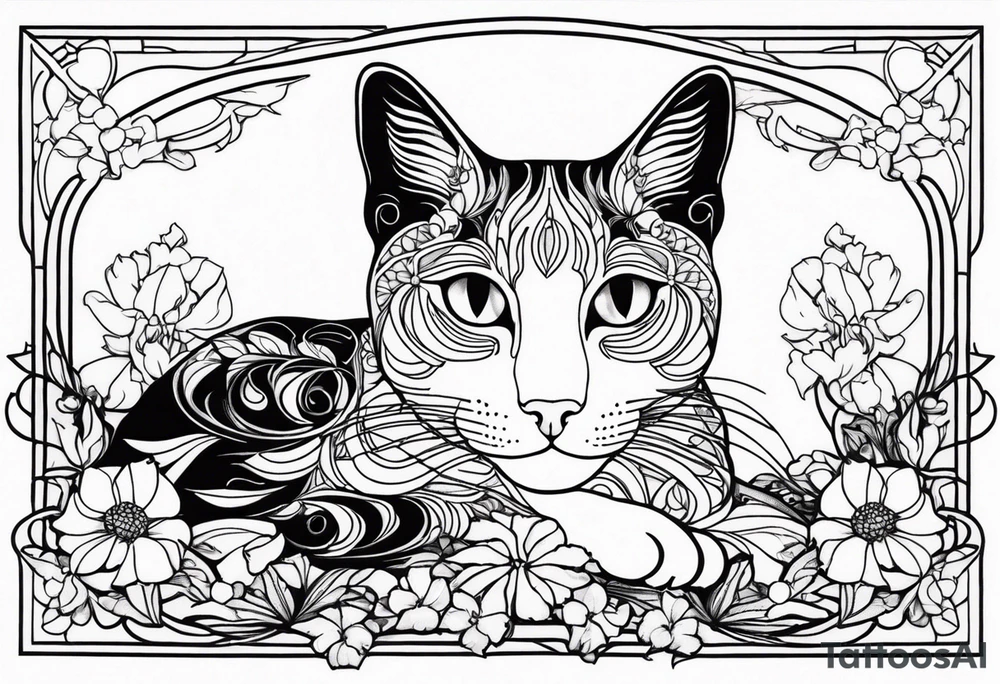 Art nouveau forearm tattoo of cat laying in flowers. tattoo idea
