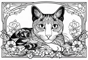 Art nouveau forearm tattoo of cat laying in flowers. tattoo idea