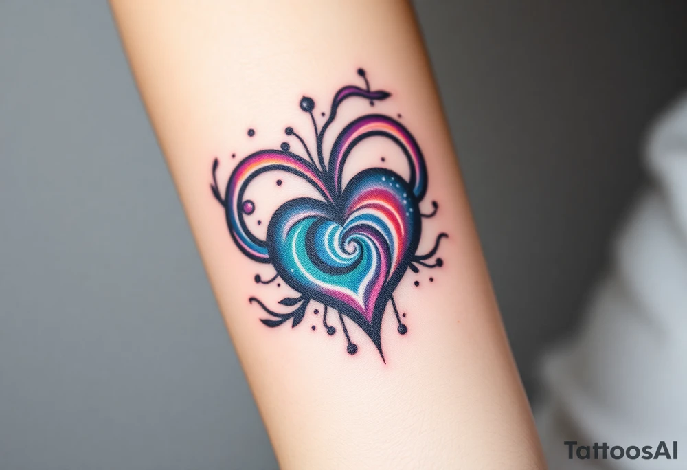 One fully depicted infinity symbol and swirling galaxy patterns and galaxy heart tattoo idea
