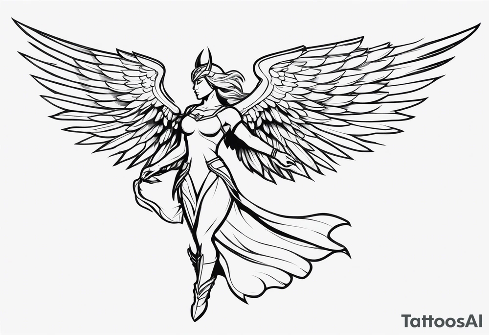 The full body of a Valkyrie with wings flying tattoo idea