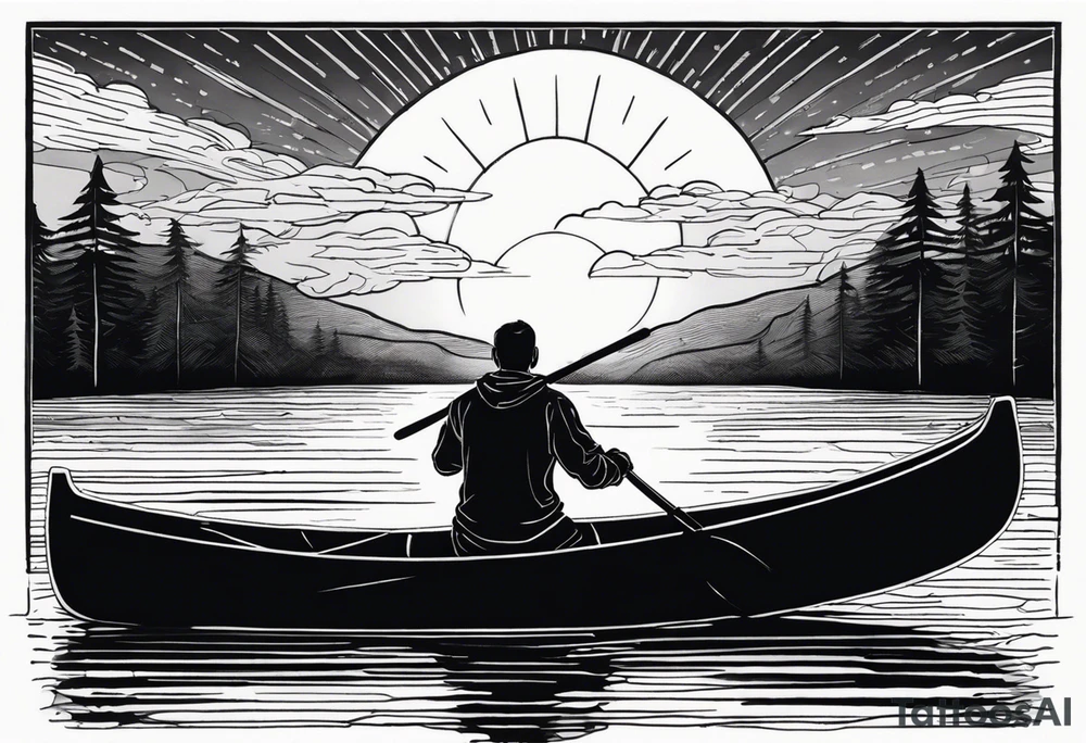 pictured from behind, average sized man with his arms fully extended straight out to the side at chest level, standing on top of modestly sized canoe on the water with a sun above his head. tattoo idea