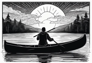 pictured from behind, average sized man with his arms fully extended straight out to the side at chest level, standing on top of modestly sized canoe on the water with a sun above his head. tattoo idea