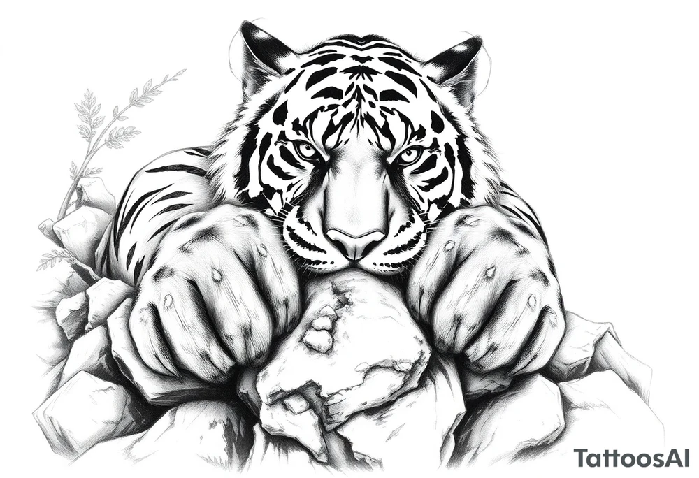 Tiger's powerful front paws gripping mossy jungle rocks, detailed. tattoo idea