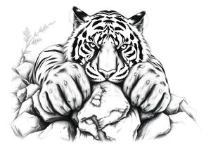 Tiger's powerful front paws gripping mossy jungle rocks, detailed. tattoo idea