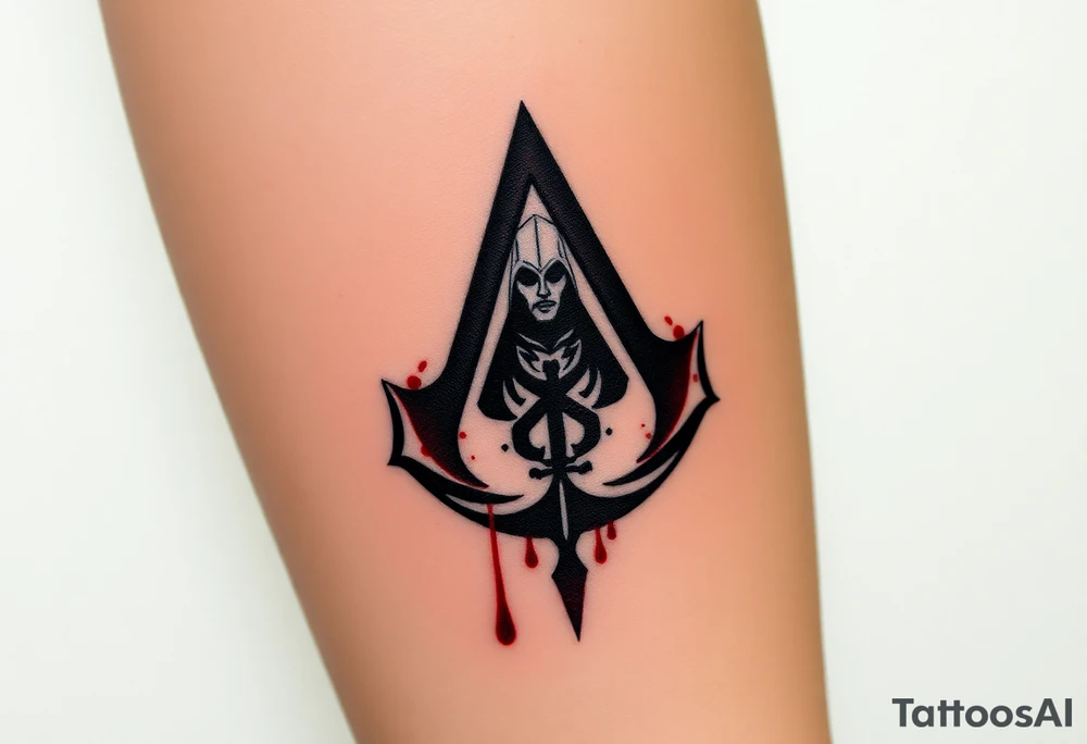 Assassins Creed emblem with Ezio character and blood splashes incorporated into logo. tattoo idea