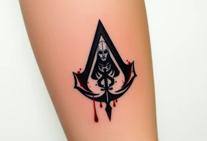Assassins Creed emblem with Ezio character and blood splashes incorporated into logo. tattoo idea