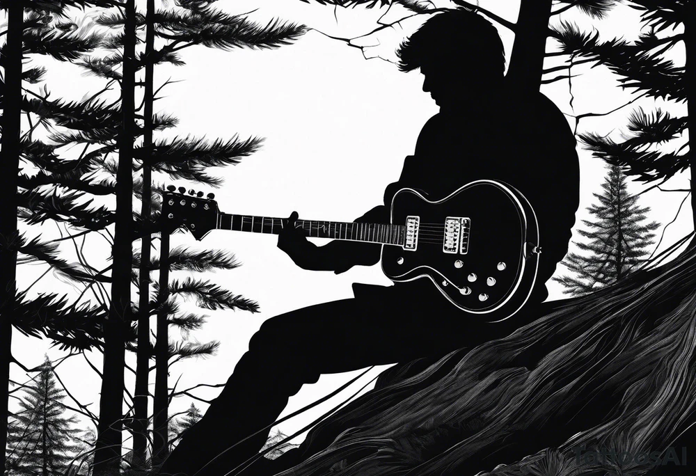 silhouette of a man playing electric guitar while sitting in a pine tree. tattoo idea
