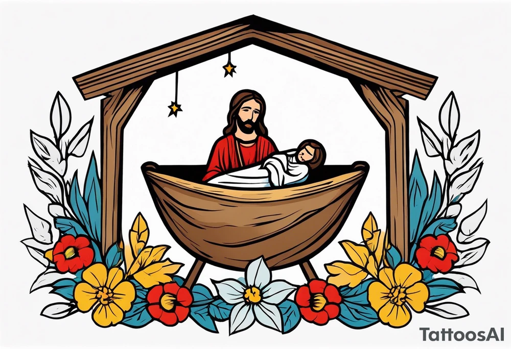jesus in manger

old school vintage simple traditional design with vintage flowers surrounding it bold color simple tattoo idea