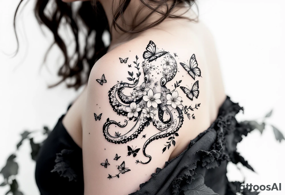 A fine-line tattoo design of a single octopus made entirely of flowers and butterflies. The octopus’s tentacles are shaped like flowing floral vines with leaves and petals, and its body is composed of overlapping blossoms and butterfly wings. The style is minimalist, elegant, and nature-inspired, with delicate black and grey lines, soft shading, and no outlines. No aquatic or marine elements besides the floral octopus. The design flows organically down the upper arm or shoulder, with a light, airy, and poetic feel. tattoo idea