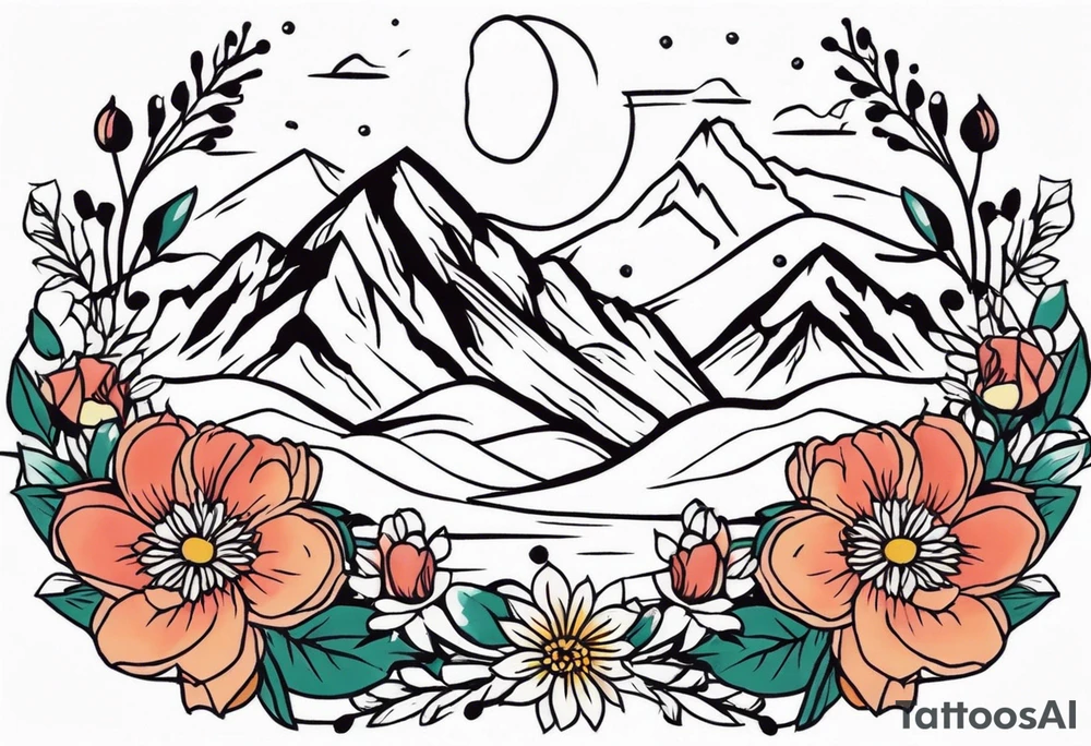 mountains
old school vintage simple traditional design with vintage flowers surrounding
bold color simple tattoo idea