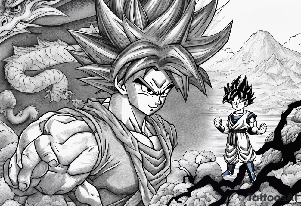 Son-Goku as a child in the foreground and an older version of him as a super saiyajin behind him. A huge dragonball surrounds the whole scenery. Fokus friends are surrounding him as shadows tattoo idea