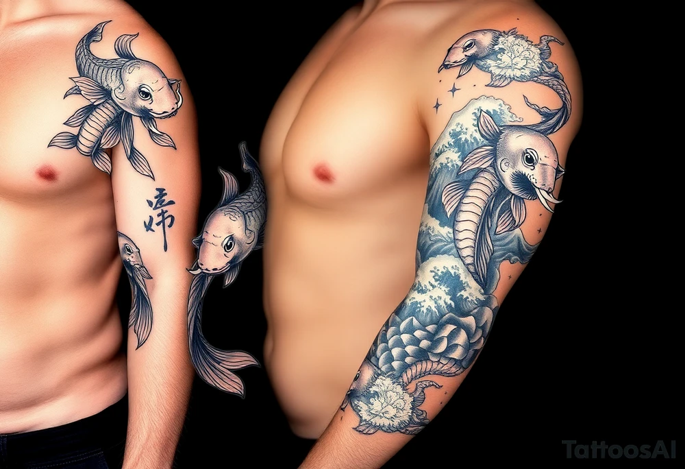 Koi fish and elephants with a wave design and underwater mountains  to go on the arm with alot of shading and intricate details tattoo idea