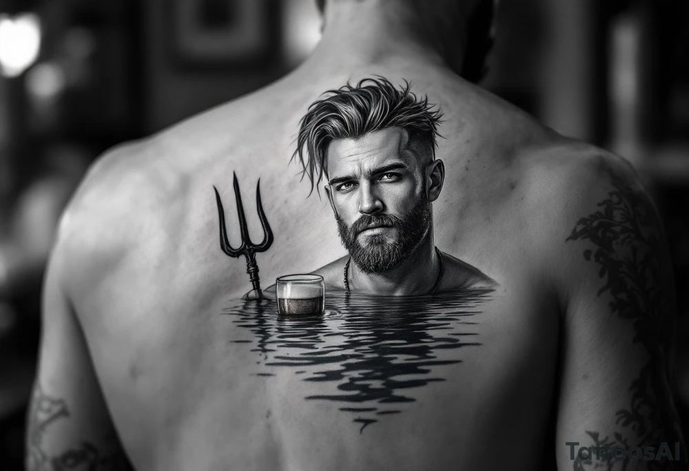 Gay guy, with no facial hairs, with trident, half way in calm water, with a beer tattoo idea