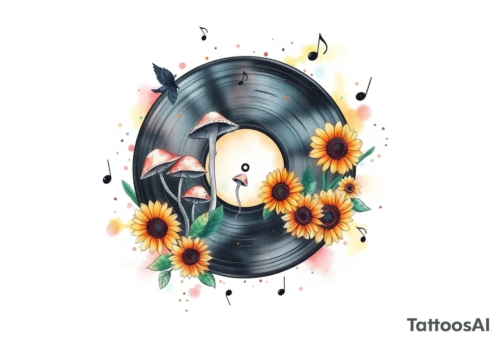 one vinyl record with mushrooms, sunflowers, and music notes tattoo idea