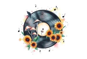 one vinyl record with mushrooms, sunflowers, and music notes tattoo idea