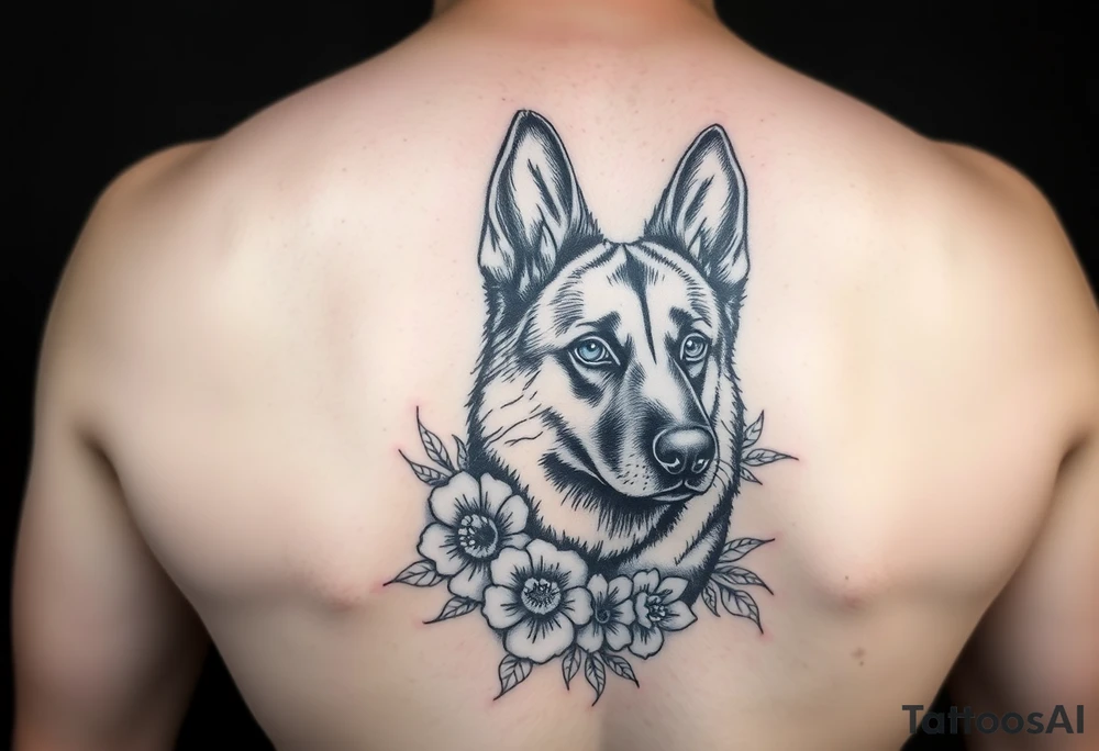 german shepherd dog with flowers tattoo idea