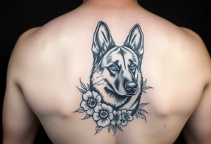 german shepherd dog with flowers tattoo idea