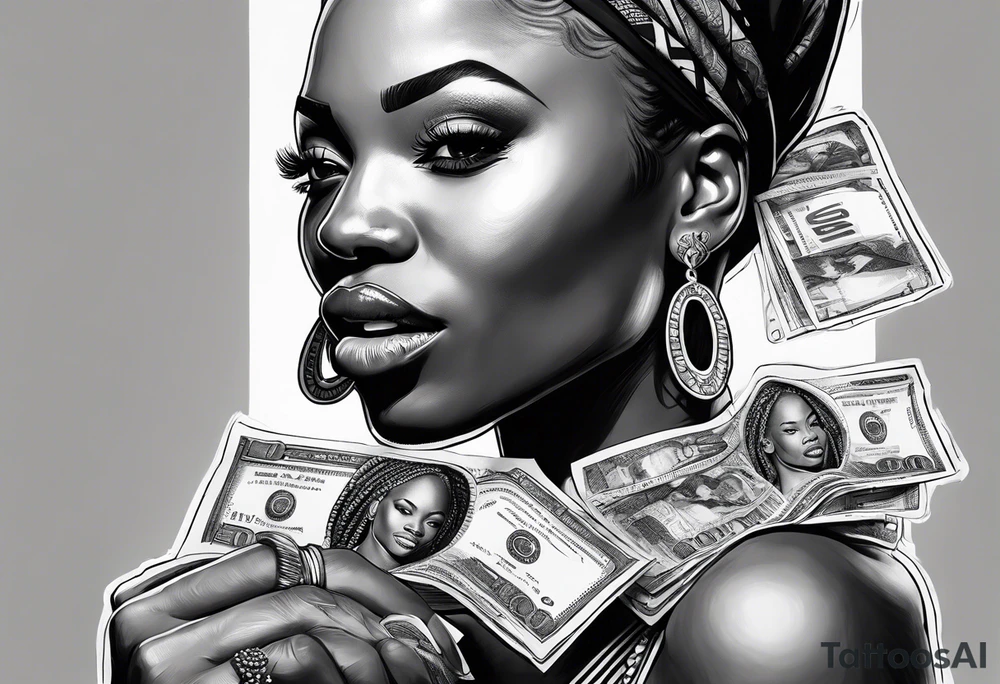 african woman biting money tattoo idea