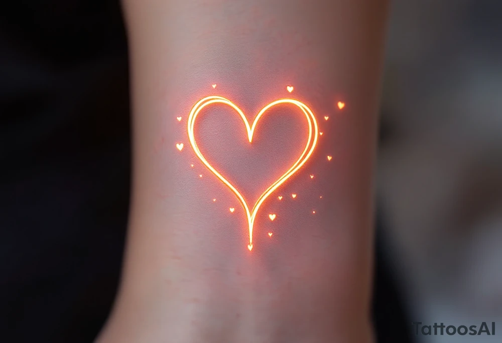 A symbol of rune of love in the shape of a heart, carved with clean, sharp edges. The design in golden light, and the background features a lavender glow. Tiny hearts float around the symbol, representing infinite devotion. tattoo idea