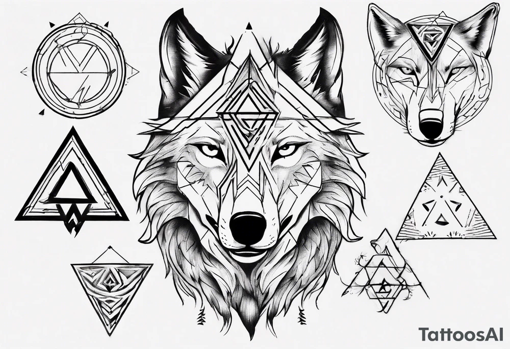 wolf head with triangle on forehead and circle in the background tattoo idea