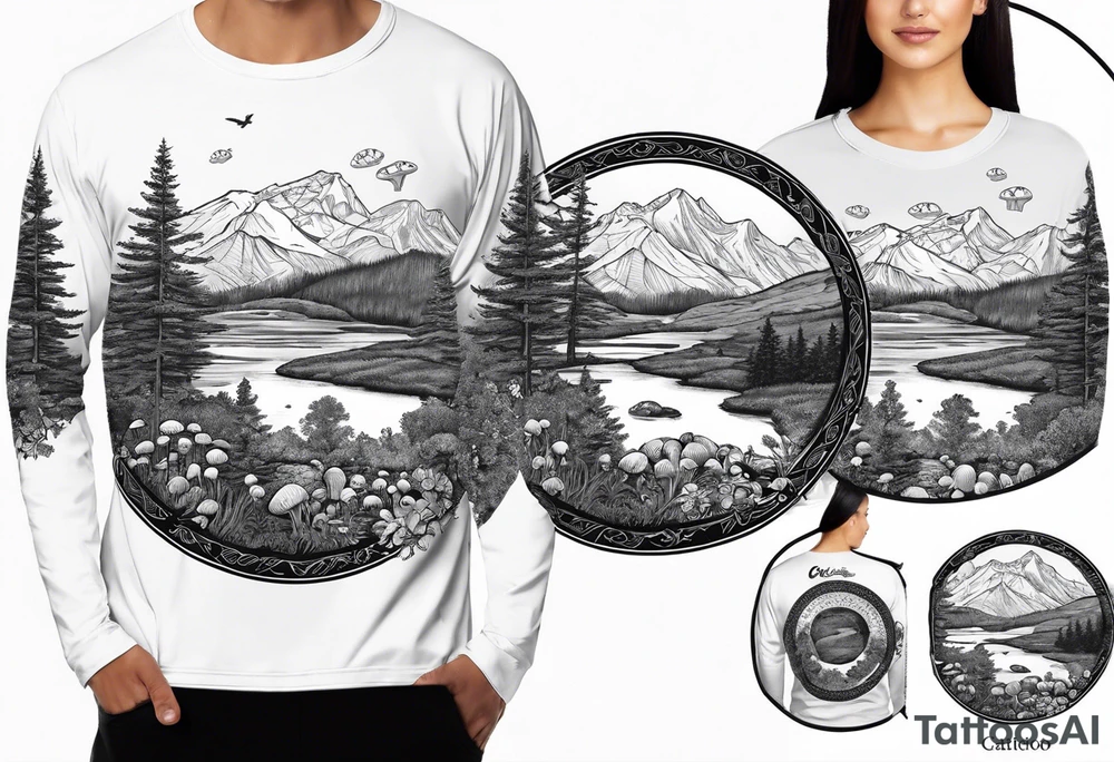 Whole picture encircled fully

Straight long blonde hair celestial girl in distance holding mushrooms in hand facing away toward mountains and creek surrounded by mushrooms long sleeve shirt and hiking pants; whole rendering within a full celtic circle border, no cut off circle tattoo idea