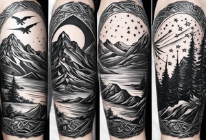 complete upper arm sleeve. Feature three mountain side by side, with 3 stars above them crossed sword patterns that evoke the Valkyrie spirit. Keep the design in clean, simple lines. tattoo idea