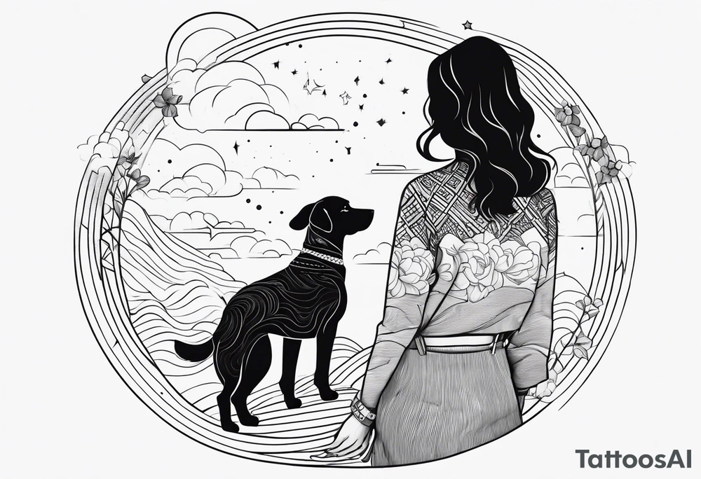 dog in the sky reaching hand of a woman and woman as her back facing us tattoo idea