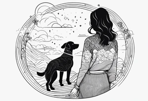 dog in the sky reaching hand of a woman and woman as her back facing us tattoo idea