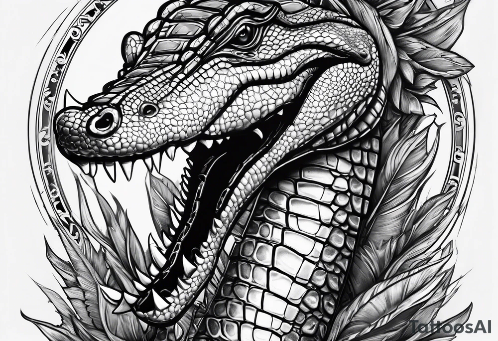 Dagger made out of an alligator with a sexy woman on the handle tattoo idea