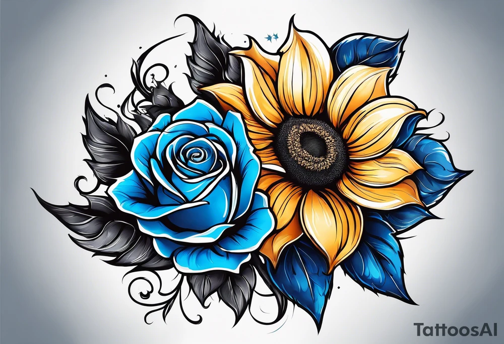 flower rose and blue, sunflower, tattoo idea