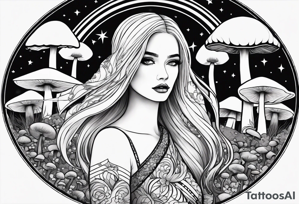 Straight blonde hair girl facing away toward mountains surrounded by mushrooms crescent moon circular design black and white striped dress tattoo idea