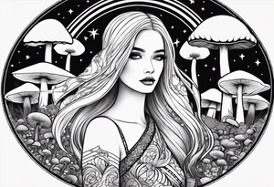 Straight blonde hair girl facing away toward mountains surrounded by mushrooms crescent moon circular design black and white striped dress tattoo idea