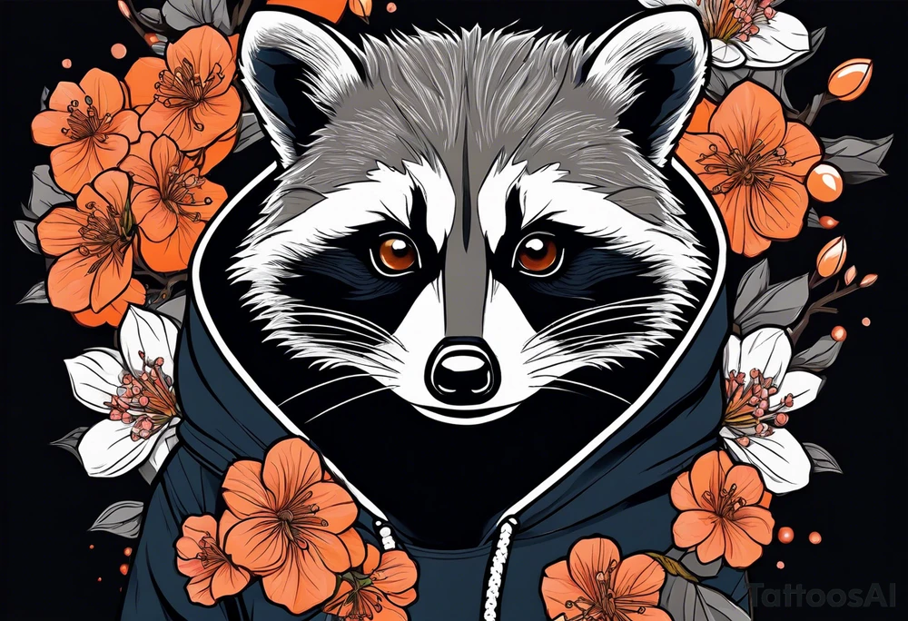 Raccoon wearing a white Superman logo on a black hoodie and orange Japanese cherry blossoms beside tattoo idea