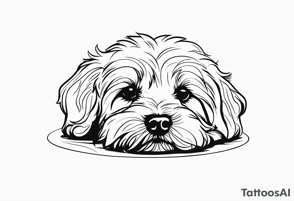 One line drawing of maltipoo laying down in a circle with his nose touching the floor tattoo idea