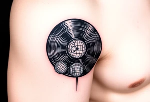 vinyl record with a smaller disco ball to the side of it tattoo idea