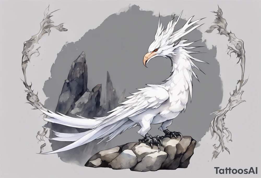 a white bird-wyvern hybrid, wearing a grey crown, perched on a stone tattoo idea
