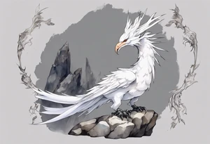 a white bird-wyvern hybrid, wearing a grey crown, perched on a stone tattoo idea