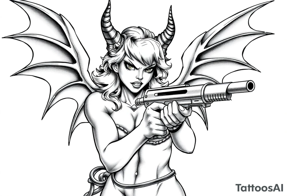 angry succubus holding gun tattoo idea