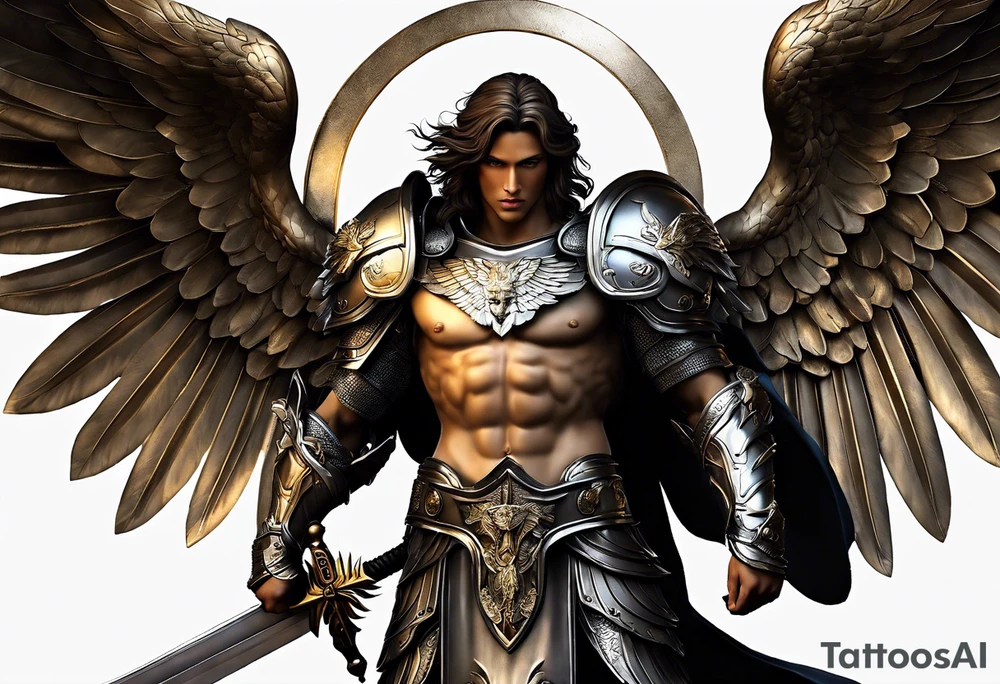 **Tattoo Design: Archangel Michael**

- **Central Theme**: Archangel Michael, majestic and powerful, stands ready with a raised sword, prepared to battle evil.
- **Appearance**: The figure of Archangel Michael depicted in full angelic armor, with majestic wings spread wide.
- **Expression**: His stance conveys strength, courage, and determination in defense of good.
- **Details**: Focus on intricate details such as facial features, armor embellishments, and the raised sword.
- **Background**: May be stylized as celestial, with rays of light or clouds, accentuating the divine presence of Archangel Michael.
- **Placement**: Intended for placement on the chosen body area, with the option to adjust the size according to personal preferences. tattoo idea