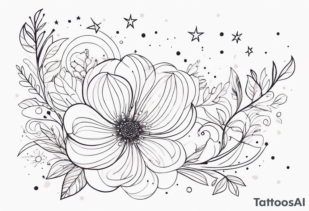 fine line floral with stars, swirls, dots tattoo idea