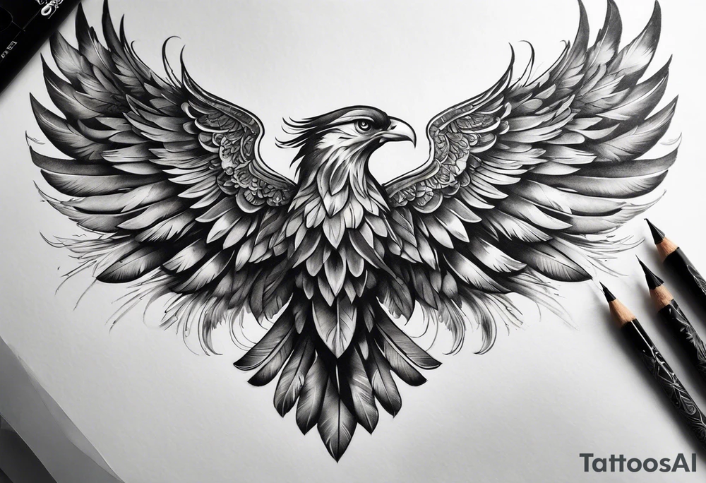 wings extending from a mens shoulders, covering the upper arms and upper back. The feathers are intricately detailed, with soft shading in black and gray to create depth and texture. The wings gently converge in the middle of the back, forming a harmonious and cohesive design. tattoo idea